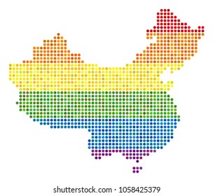 A dotted LGBT pride China Map for lesbians, gays, bisexuals, and transgenders. Vector homosexual tolerance geographic map in LGBT flag color tints on a white background.