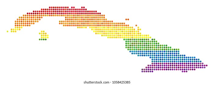 A dotted LGBT pride Cuba Map for lesbians, gays, bisexuals, and transgenders. Vector homosexual tolerance geographic map in LGBT flag color shades on a white background.