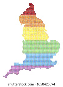 A dotted LGBT pride England Map for lesbians, gays, bisexuals, and transgenders. Vector homosexual tolerance geographic map in LGBT flag color shades on a white background.