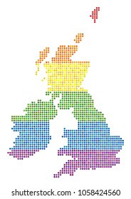 A dotted LGBT pride Great Britain And Ireland Map for lesbians, gays, bisexuals, and transgenders. Vector homosexual tolerance geographic map in LGBT flag color hues on a white background.