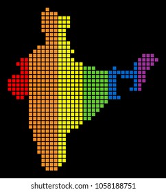 A dotted LGBT pride India Map for lesbians, gays, bisexuals, and transgenders. Color vector abstract pattern of India Map created of rounded square pixels.