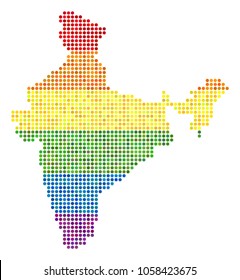 A dotted LGBT pride India Map for lesbians, gays, bisexuals, and transgenders. Vector homosexual tolerance geographic map in LGBT flag color variations on a white background.