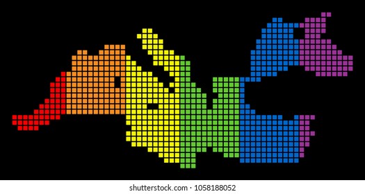 A dotted LGBT pride Mediterranean Sea Map for lesbians, gays, bisexuals, and transgenders. Colored vector abstract composition of Mediterranean Sea Map created of rounded square pixels.