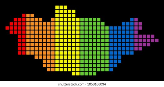 A dotted LGBT pride Mongolia Map for lesbians, gays, bisexuals, and transgenders. Color vector abstract pattern of Mongolia Map constructed of rounded square pixels.