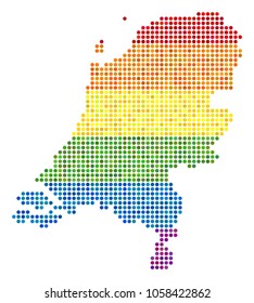 A dotted LGBT pride Netherlands Map for lesbians, gays, bisexuals, and transgenders. Vector homosexual tolerance geographic map in LGBT flag color tinges on a white background.