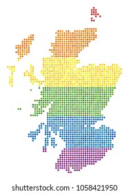 A dotted LGBT pride Scotland Map for lesbians, gays, bisexuals, and transgenders. Vector homosexual tolerance geographic map in LGBT flag color tones on a white background.