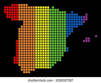 A dotted LGBT pride Spain Map for lesbians, gays, bisexuals, and transgenders. Colorful vector abstract pattern of Spain Map constructed of rounded square pixels.
