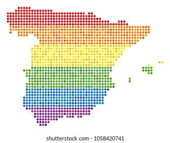A dotted LGBT pride Spain Map for lesbians, gays, bisexuals, and transgenders. Vector homosexual tolerance geographic map in LGBT flag color tints on a white background.
