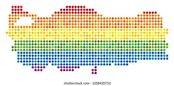 A dotted LGBT pride Turkey Map for lesbians, gays, bisexuals, and transgenders. Vector homosexual tolerance geographic map in LGBT flag color hues on a white background.