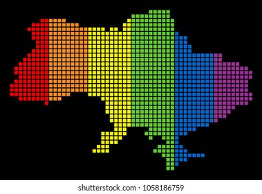 A dotted LGBT pride Ukraine Map With Crimea for lesbians, gays, bisexuals, and transgenders. Multicolored vector abstract pattern of Ukraine Map With Crimea combined of rounded square elements.