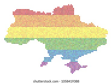 A dotted LGBT pride Ukraine Map With Crimea for lesbians, gays, bisexuals, and transgenders. Vector homosexual tolerance geographic map in LGBT flag color shades on a white background.