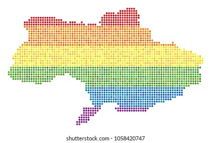 A dotted LGBT pride Ukraine Map for lesbians, gays, bisexuals, and transgenders. Vector homosexual tolerance geographic map in LGBT flag color tints on a white background.