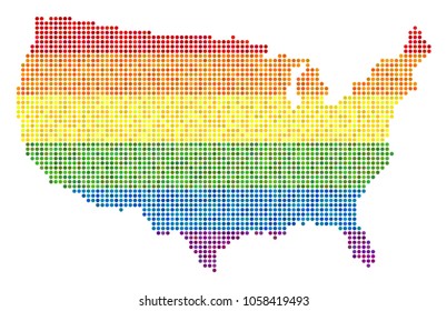 A dotted LGBT pride USA Map for lesbians, gays, bisexuals, and transgenders. Vector homosexual tolerance geographic map in LGBT flag color hues on a white background.