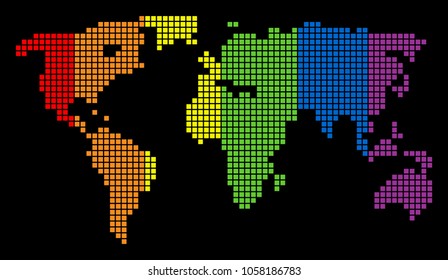 A dotted LGBT pride World Map for lesbians, gays, bisexuals, and transgenders. Color vector abstract concept of World Map made of rounded square pixels.