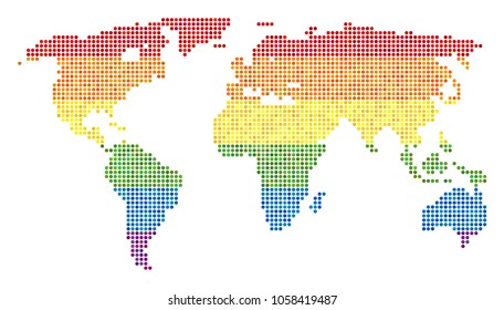 A dotted LGBT pride World Map for lesbians, gays, bisexuals, and transgenders. Vector homosexual tolerance geographic map in LGBT flag color shades on a white background.