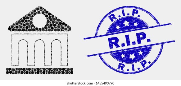 Dotted library building mosaic icon and R.I.P. seal stamp. Blue vector round distress seal stamp with R.I.P. text. Vector combination in flat style.