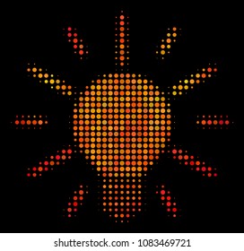 Dotted light bulb icon. Bright pictogram in hot color tones on a black background. Vector halftone concept of light bulb pictogram created with circle pixels.