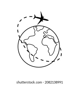 Dotted line of the aircraft route around the planet Earth. Tourism and travel. Vector illustration.