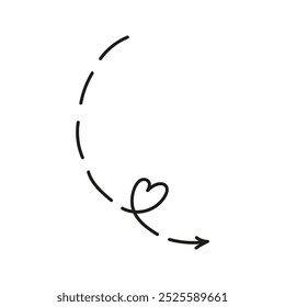 Dotted line arrow with heart doodle. Hand drawn element for navigation and presentations.