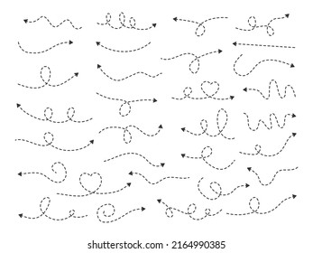 Juego de doodles con flechas de línea con puntos. Flecha de diferentes vías dibujada a mano. Colección de ruta lineal. Vector aislado en blanco.