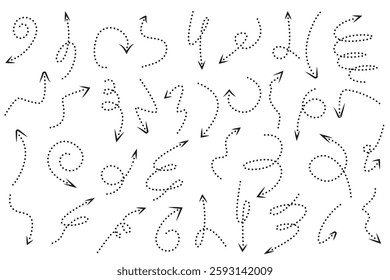 Dotted line arrows set. Variation vector curvy arrows isolated on white background