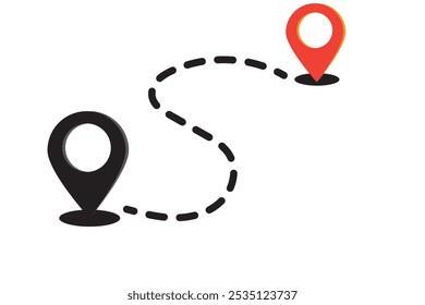 Dotted line between two position points, simple vector design, location icon, showing route between two locations marked by pins.