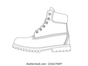 Dotted Line Big Massive Boot Vector Silhouette. Trendy Linear Boot Icon Isolated On White Background. Vector Footwear Symbol. Trendy Casual Shoes Illustration. Old Style Boots Side View. Fashion Shoe