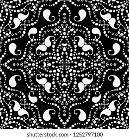 Dotted line black and white vector Paisley seamless pattern. Monochrome ornamental vintage background. Floral elegance damask ornament with dots and paisley flowers. Template. Design for fabric, print
