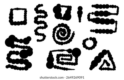 Línea punteada de círculos de diferentes Formas, fondo, patrón, textura. Conjunto de Formas dibujadas a mano con un pincel redondo. Zigzag, bucle, rectángulo, círculo, espiral. Objetos aislados