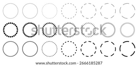 Dotted line circles frame set. Circular dashed outline frames elements collection