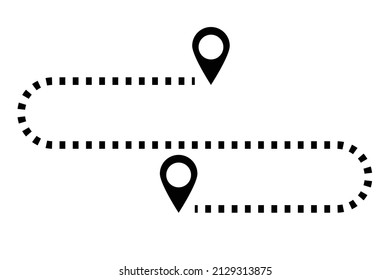 A dotted line connecting a map pin to a map pin. Distance. Editable vectors.