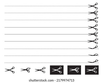 Dotted line for cutting. Carry scissors. Icons with black silhouette scissors
