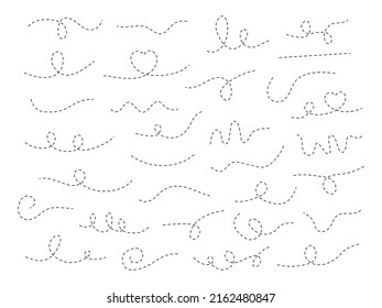 Dotted line doodle set. Hand drawn dashed different way element. Linear route collection. Vector isolated on white.