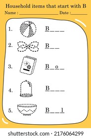 Dotted line drawning households items name start with B alphabet.  kindergarten worksheet for kid, preschool, education, printable artwork.