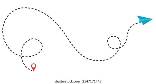 Dotted line flight path with a paper plane and location pin.