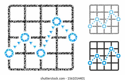 Dotted line grid plot composition of abrupt pieces in different sizes and color hues, based on dotted line grid plot icon. Vector tremulant parts are grouped into composition.