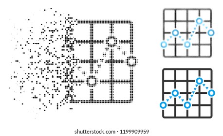 Dotted line grid plot icon in dissolved, dotted halftone and undamaged entire variants. Elements are composed into vector dissipated dotted line grid plot icon.