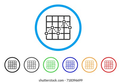 Dotted Line Grid Plot rounded icon. Style is a flat dotted line grid plot grey symbol inside light blue circle with black, gray, green, blue, red, orange color versions.
