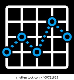 Dotted Line Grid Plot vector toolbar icon. Style is bicolor flat icon symbol, blue and white colors, black background, rhombus dots.