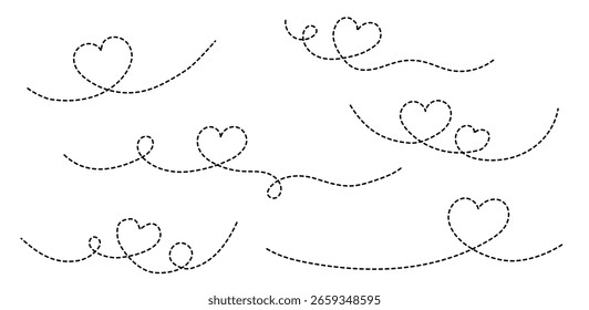 Caminho do coração da linha pontilhada. Conjunto de elementos decorativos do amor, linhas tracejadas românticas para o Dia dos Namorados, para o casamento ou aniversário.