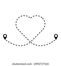 Dotted line heart route. Black dashed line forming heart shape. Location pins at start and end. Vector illustration.