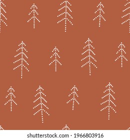 Dotted Line Minimalistic Christmas Pine Tree Forest Vector Seamless Pattern. Abstract Xmas Modern Dotty Pine Tree Background. Christmasy Holidays Boho Geometric Graphic Print Design