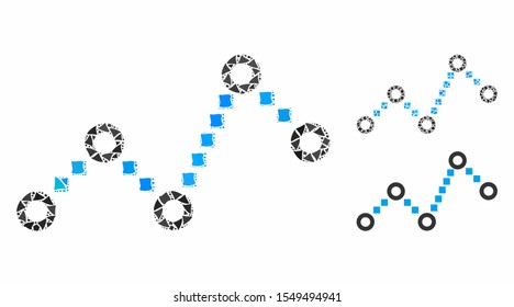 Dotted line mosaic of irregular pieces in different sizes and shades, based on dotted line icon. Vector unequal pieces are grouped into collage. Dotted line icons collage with dotted pattern.