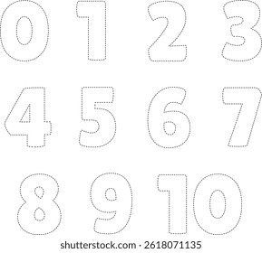 Dotted line number tracing set from 0 to 10 for preschool kids. Perfect for worksheets, early math education, and handwriting practice.