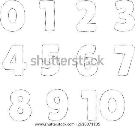 Dotted line number tracing set from 0 to 10 for preschool kids. Perfect for worksheets, early math education, and handwriting practice.
