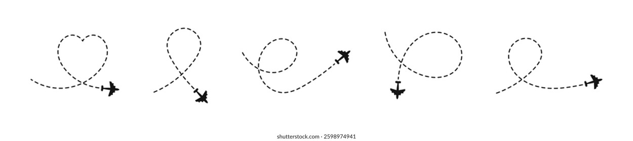 Dotted line path with airplanes. Airplane routes set. Plane routes. Dotted flight pathway. Airplane tracking