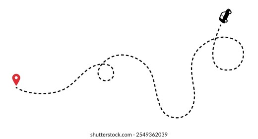Dotted line path with a car and a red destination marker.