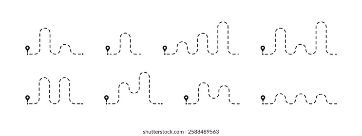 Dotted line path. Dashed trace. Path travel dotted line trip dashed trace destination track. Travelling symbols. Abstract dashed lines. Way dirrection lines.