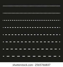 Dotted line pattern. Dashed line vector. Seamless black background. Graphic border set.