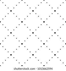 Dotted line rhombus heart seamless pattern vector. Black geometric shape diagonal repeatable on white background.
